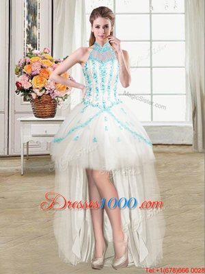 Halter Top See Through Sleeveless Lace Up High Low Beading and Ruffles Glitz Pageant Dress