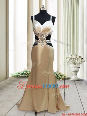 New Style Mermaid Champagne Elastic Woven Satin Criss Cross Straps Sleeveless Sweep Train Beading