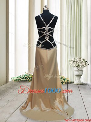 New Style Mermaid Champagne Elastic Woven Satin Criss Cross Straps Sleeveless Sweep Train Beading