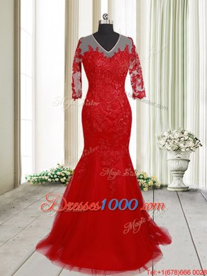 With Train Mermaid Half Sleeves Red Evening Dress Brush Train Clasp Handle