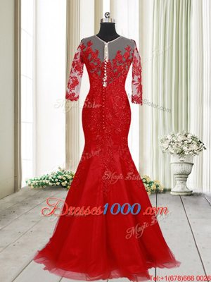 With Train Mermaid Half Sleeves Red Evening Dress Brush Train Clasp Handle