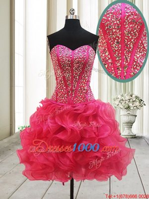 Extravagant Hot Pink Organza Lace Up Cocktail Dresses Sleeveless Mini Length Beading