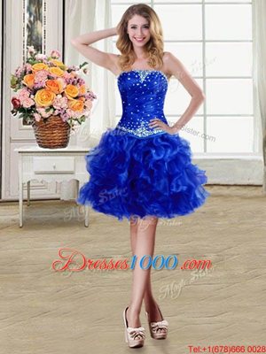 Royal Blue Lace Up Strapless Beading and Ruffles Pageant Dress for Womens Organza Sleeveless