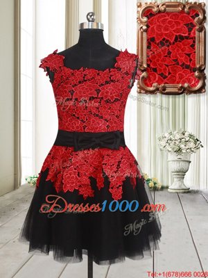 Square Sleeveless Tulle Mini Length Zipper Party Dresses in Red And Black for with Appliques