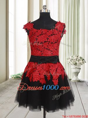 Square Sleeveless Tulle Mini Length Zipper Party Dresses in Red And Black for with Appliques