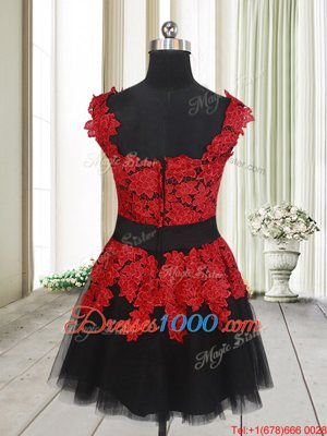 Square Sleeveless Tulle Mini Length Zipper Party Dresses in Red And Black for with Appliques