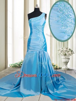 Mermaid Baby Blue Prom Dress Prom and For with Beading and Appliques One Shoulder Sleeveless Brush Train Zipper