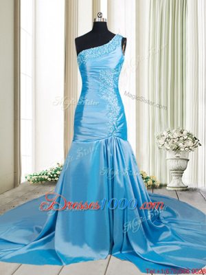 Mermaid Baby Blue Prom Dress Prom and For with Beading and Appliques One Shoulder Sleeveless Brush Train Zipper