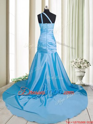 Mermaid Baby Blue Prom Dress Prom and For with Beading and Appliques One Shoulder Sleeveless Brush Train Zipper