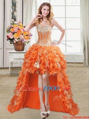 Sexy Sequins Orange Sleeveless Organza Lace Up Party Dress Wholesale for Prom and Party