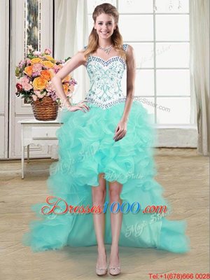 Wonderful Straps Straps High Low Ball Gowns Sleeveless Aqua Blue Pageant Dress for Teens Lace Up