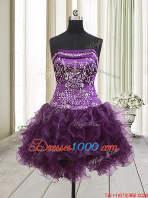 Ideal Dark Purple Strapless Lace Up Beading and Ruffles Sleeveless