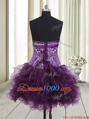 Ideal Dark Purple Strapless Lace Up Beading and Ruffles Sleeveless