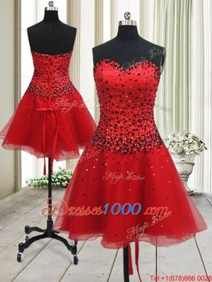 Red Sleeveless Mini Length Beading Lace Up Evening Dress