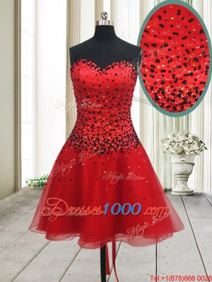 Red Sleeveless Mini Length Beading Lace Up Evening Dress