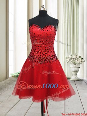 Red Sleeveless Mini Length Beading Lace Up Evening Dress