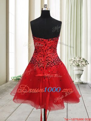 Red Sleeveless Mini Length Beading Lace Up Evening Dress