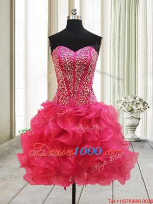 Nice Hot Pink Three Pieces Beading Pageant Dress Wholesale Lace Up Organza Sleeveless High Low