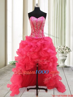 Nice Hot Pink Three Pieces Beading Pageant Dress Wholesale Lace Up Organza Sleeveless High Low