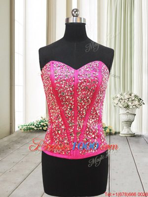 Nice Hot Pink Three Pieces Beading Pageant Dress Wholesale Lace Up Organza Sleeveless High Low