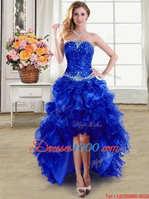 Vintage Royal Blue Strapless Lace Up Beading and Ruffles Cocktail Dresses Sleeveless