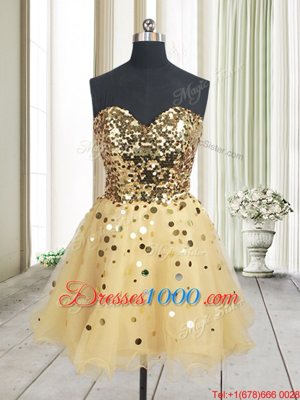 Gold Sleeveless Sequins Mini Length Prom Evening Gown