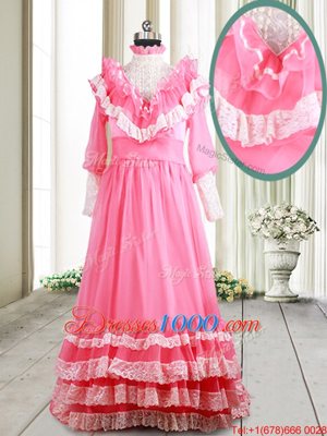 Superior Long Sleeves Beading and Lace and Ruffled Layers Zipper Prom Dresses with Pink Brush Train
