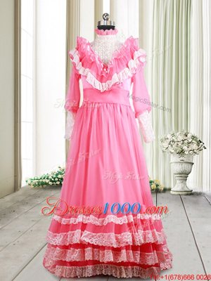 Superior Long Sleeves Beading and Lace and Ruffled Layers Zipper Prom Dresses with Pink Brush Train