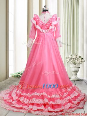 Superior Long Sleeves Beading and Lace and Ruffled Layers Zipper Prom Dresses with Pink Brush Train