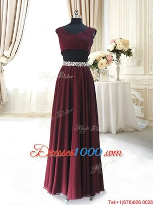 Burgundy Zipper Celebrity Evening Dresses Beading and Belt Cap Sleeves Ankle Length