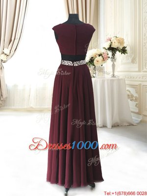 Burgundy Zipper Celebrity Evening Dresses Beading and Belt Cap Sleeves Ankle Length