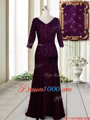 Dark Purple Empire Elastic Woven Satin Half Sleeves Beading and Lace and Hand Made Flower Floor Length Zipper Prom Homecoming Dress