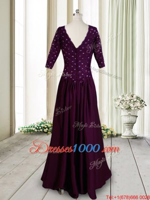 Dark Purple Empire Elastic Woven Satin Half Sleeves Beading and Lace and Hand Made Flower Floor Length Zipper Prom Homecoming Dress