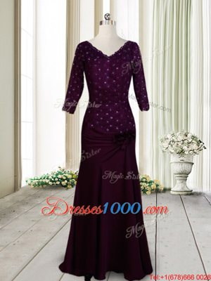 Dark Purple Empire Elastic Woven Satin Half Sleeves Beading and Lace and Hand Made Flower Floor Length Zipper Prom Homecoming Dress