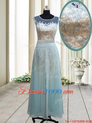 Romantic Scoop Backless Ankle Length Light Blue Dress for Prom Chiffon Cap Sleeves Lace