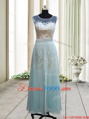 Romantic Scoop Backless Ankle Length Light Blue Dress for Prom Chiffon Cap Sleeves Lace