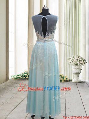 Romantic Scoop Backless Ankle Length Light Blue Dress for Prom Chiffon Cap Sleeves Lace