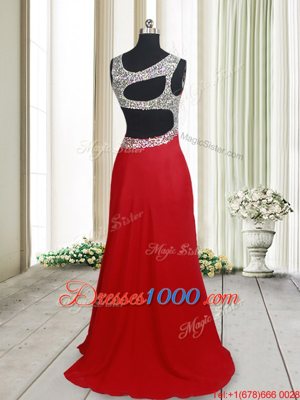 Colorful Scoop Backless Red Elastic Woven Satin Brush Train Sleeveless Beading