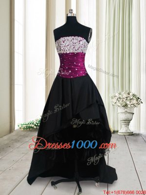 Smart Sleeveless Taffeta High Low Lace Up Prom Gown in Black for with Beading