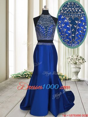Sumptuous Royal Blue Two Pieces Beading Prom Evening Gown Criss Cross Satin Sleeveless With Train