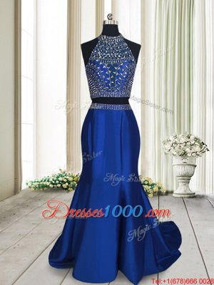 Sumptuous Royal Blue Two Pieces Beading Prom Evening Gown Criss Cross Satin Sleeveless With Train