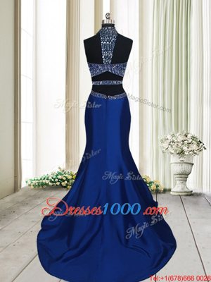 Sumptuous Royal Blue Two Pieces Beading Prom Evening Gown Criss Cross Satin Sleeveless With Train