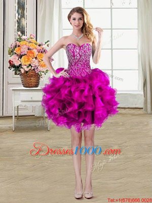 Charming Fuchsia Ball Gowns Sweetheart Sleeveless Organza Mini Length Lace Up Beading and Ruffles Cocktail Dresses