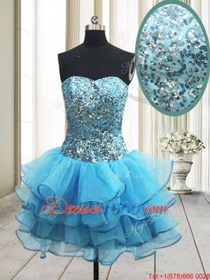 Flare Sequins A-line Prom Party Dress Baby Blue Sweetheart Organza Sleeveless Mini Length Zipper