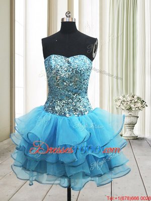 Flare Sequins A-line Prom Party Dress Baby Blue Sweetheart Organza Sleeveless Mini Length Zipper