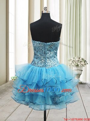 Flare Sequins A-line Prom Party Dress Baby Blue Sweetheart Organza Sleeveless Mini Length Zipper