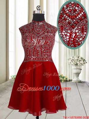 Amazing Red Empire Chiffon Scoop Sleeveless Beading and Sequins Mini Length Zipper Club Wear