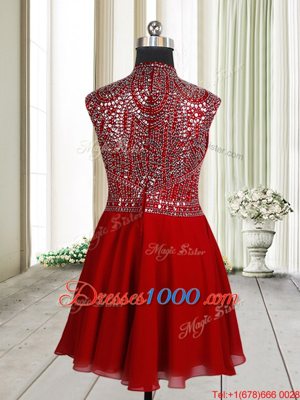 Amazing Red Empire Chiffon Scoop Sleeveless Beading and Sequins Mini Length Zipper Club Wear