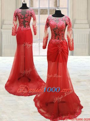 Scoop With Train Red Prom Gown Tulle Long Sleeves Appliques