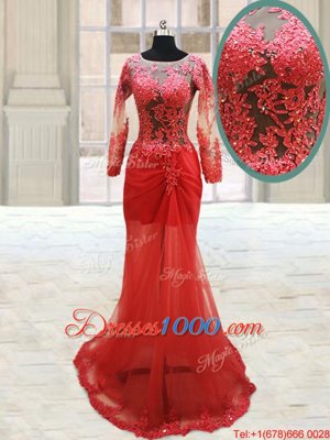 Scoop With Train Red Prom Gown Tulle Long Sleeves Appliques